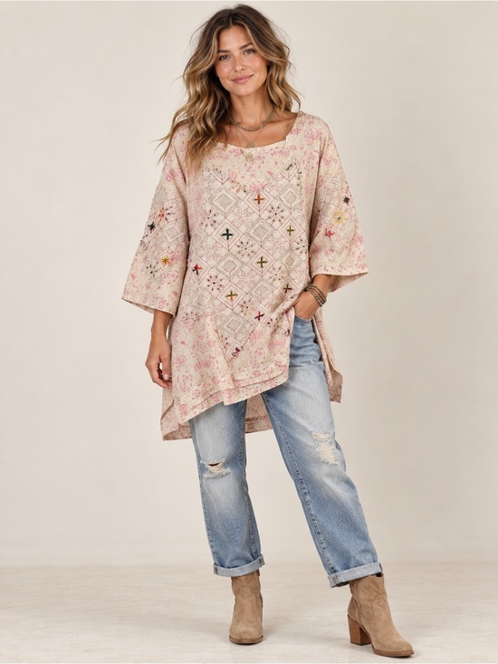 Jaded Gypsy Tops - Jaded Gypsy Stars Align Tunic Pink Floral Embroidered High Low Boho Top